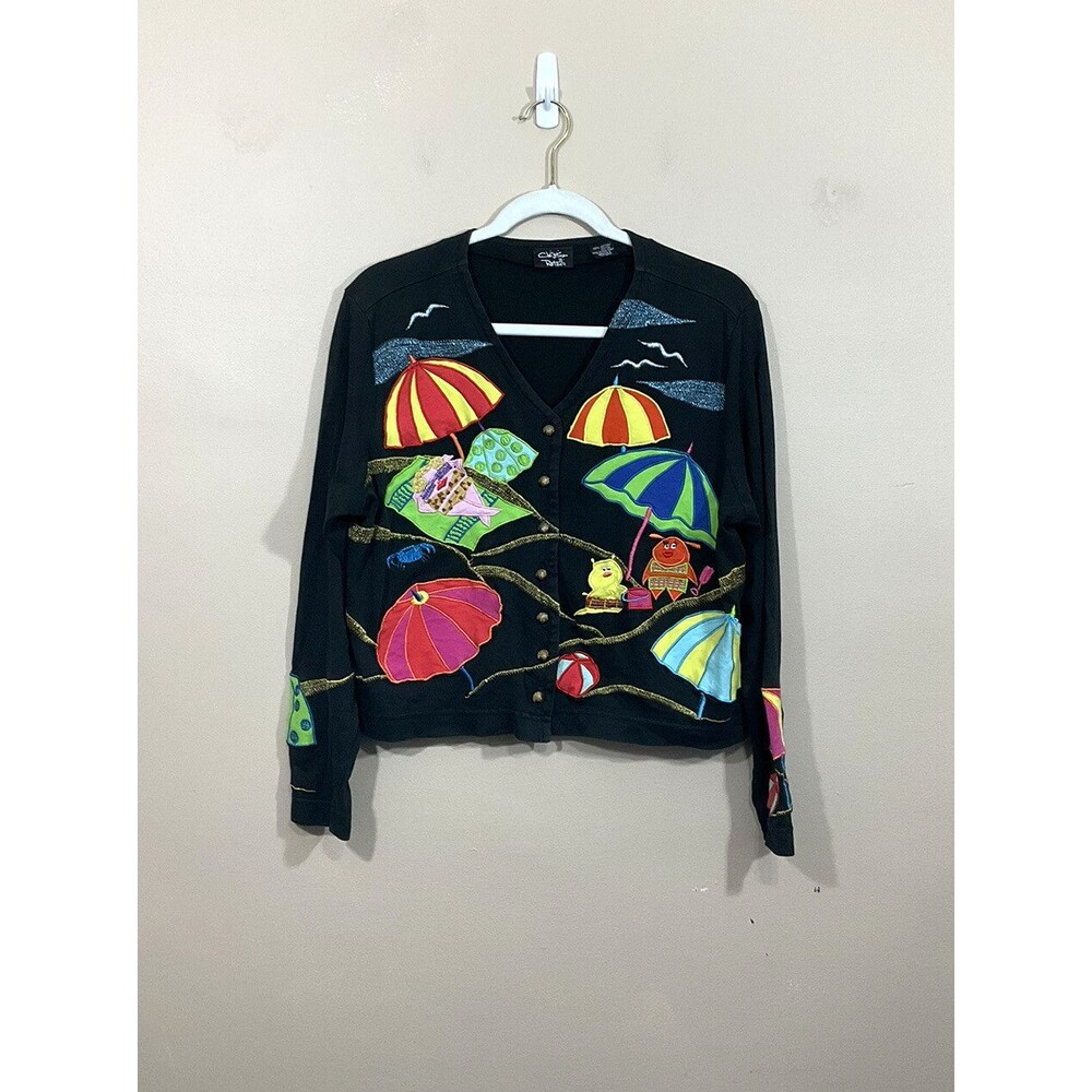 VTG Christina Rotelli Beach Scene Cardigan M Black Art to Wear 90s Maximalist